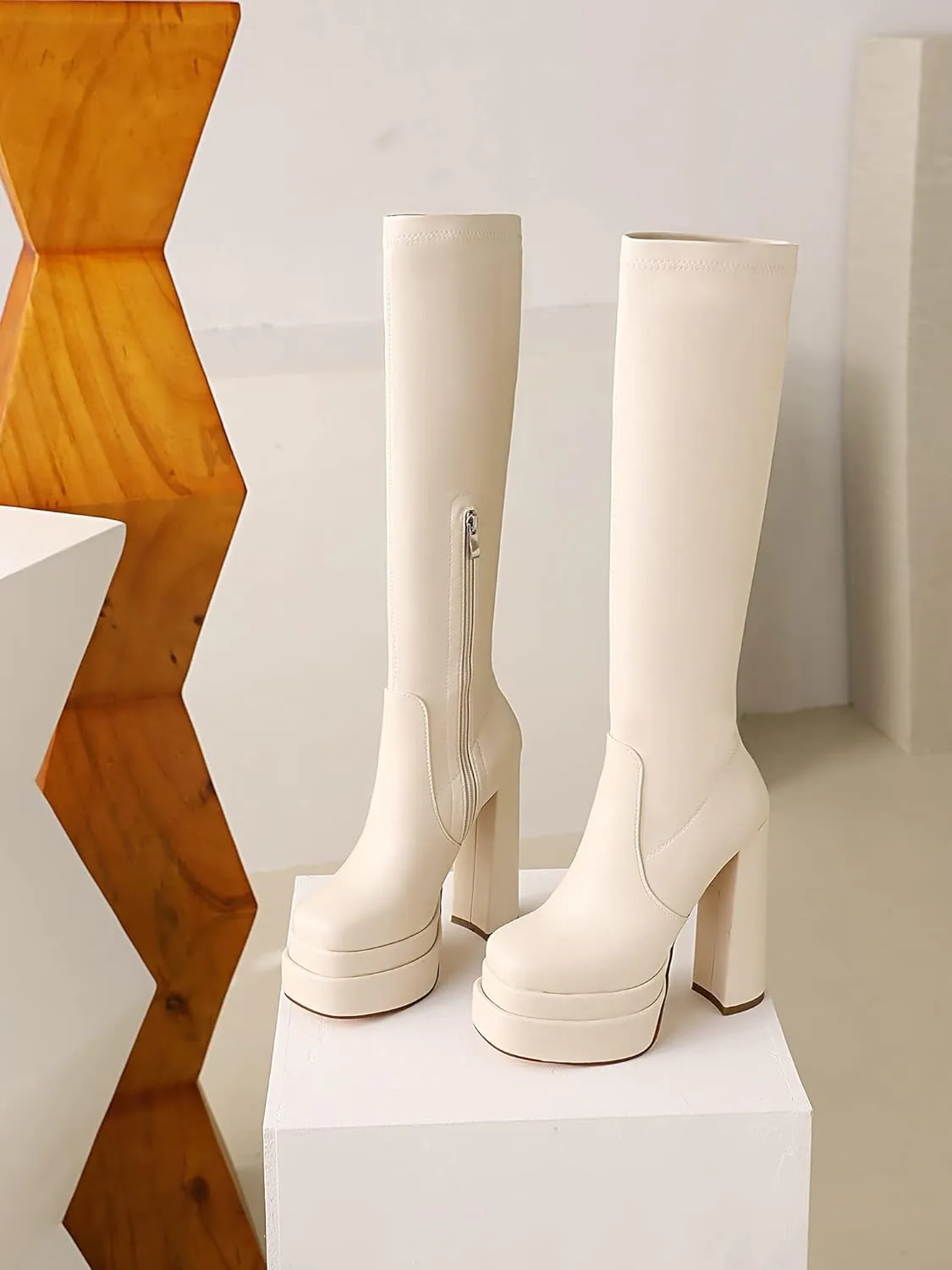 vivianly Women's Platform Knee High Boots Square Toe Chunky Heel Long Stretch Gogo Boots with Side Zipper