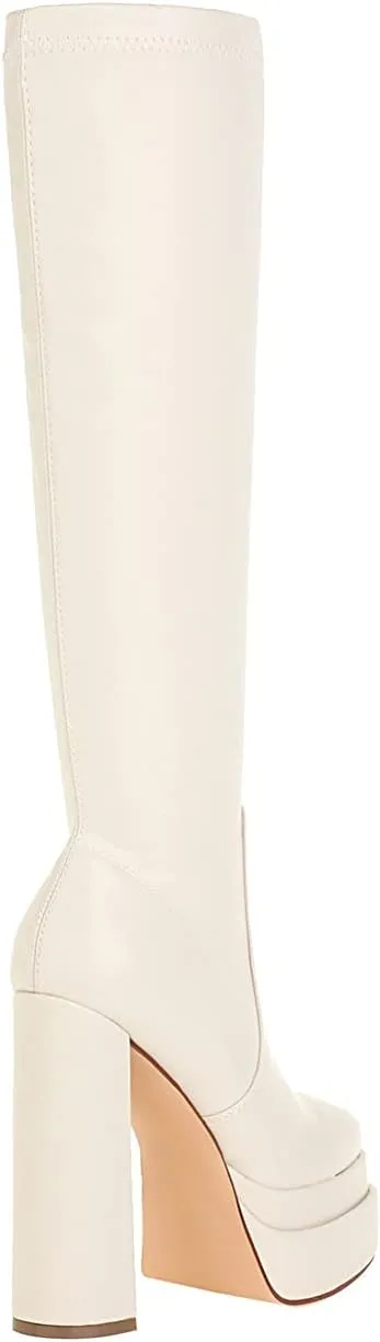 vivianly Women's Platform Knee High Boots Square Toe Chunky Heel Long Stretch Gogo Boots with Side Zipper