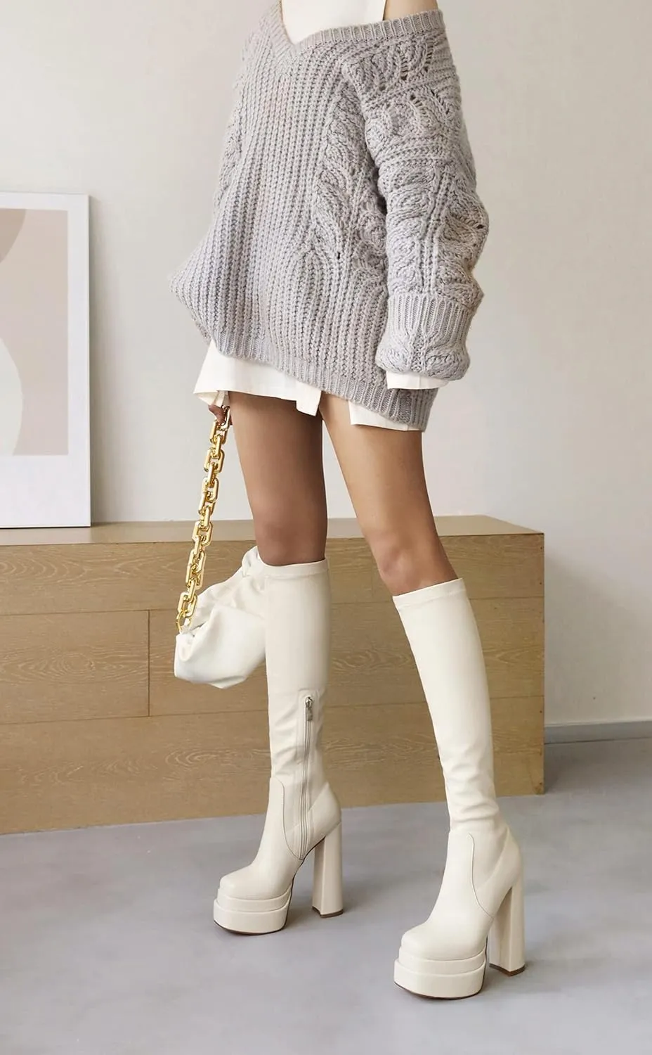 vivianly Women's Platform Knee High Boots Square Toe Chunky Heel Long Stretch Gogo Boots with Side Zipper