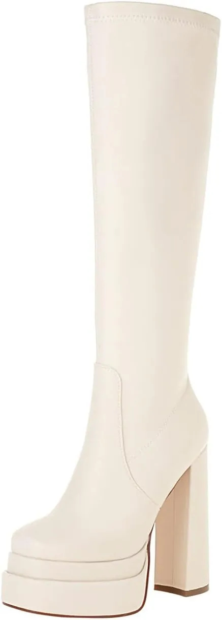 vivianly Women's Platform Knee High Boots Square Toe Chunky Heel Long Stretch Gogo Boots with Side Zipper
