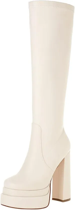 vivianly Women's Platform Knee High Boots Square Toe Chunky Heel Long Stretch Gogo Boots with Side Zipper