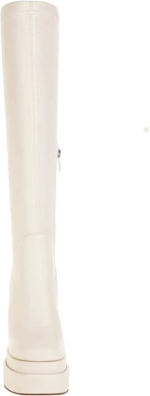 vivianly Women's Platform Knee High Boots Square Toe Chunky Heel Long Stretch Gogo Boots with Side Zipper