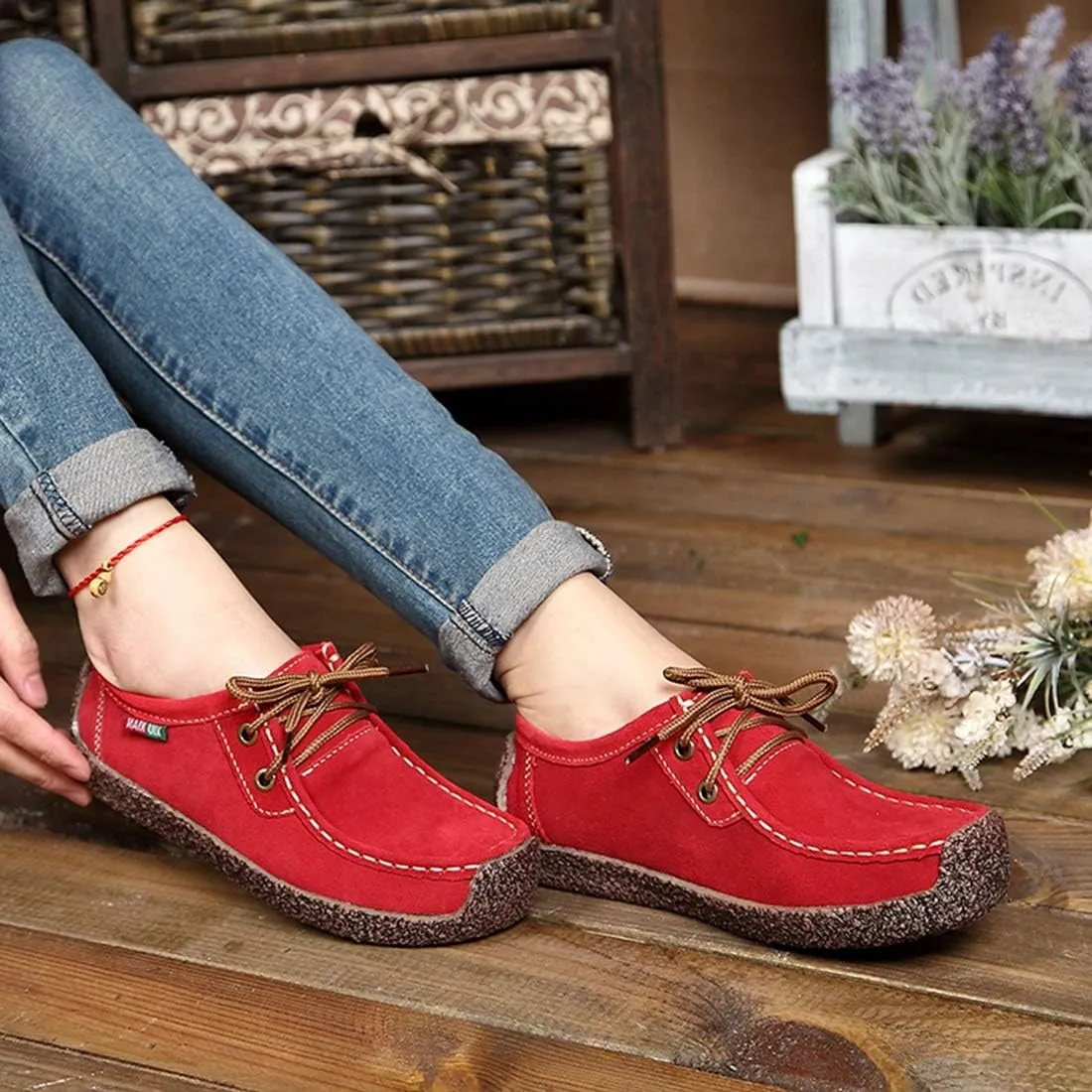 VOKLIN Women's Casual Driving Loafers Moccasins Lace Up Breathable Comfortable Flat Driver Oxfords Shoes