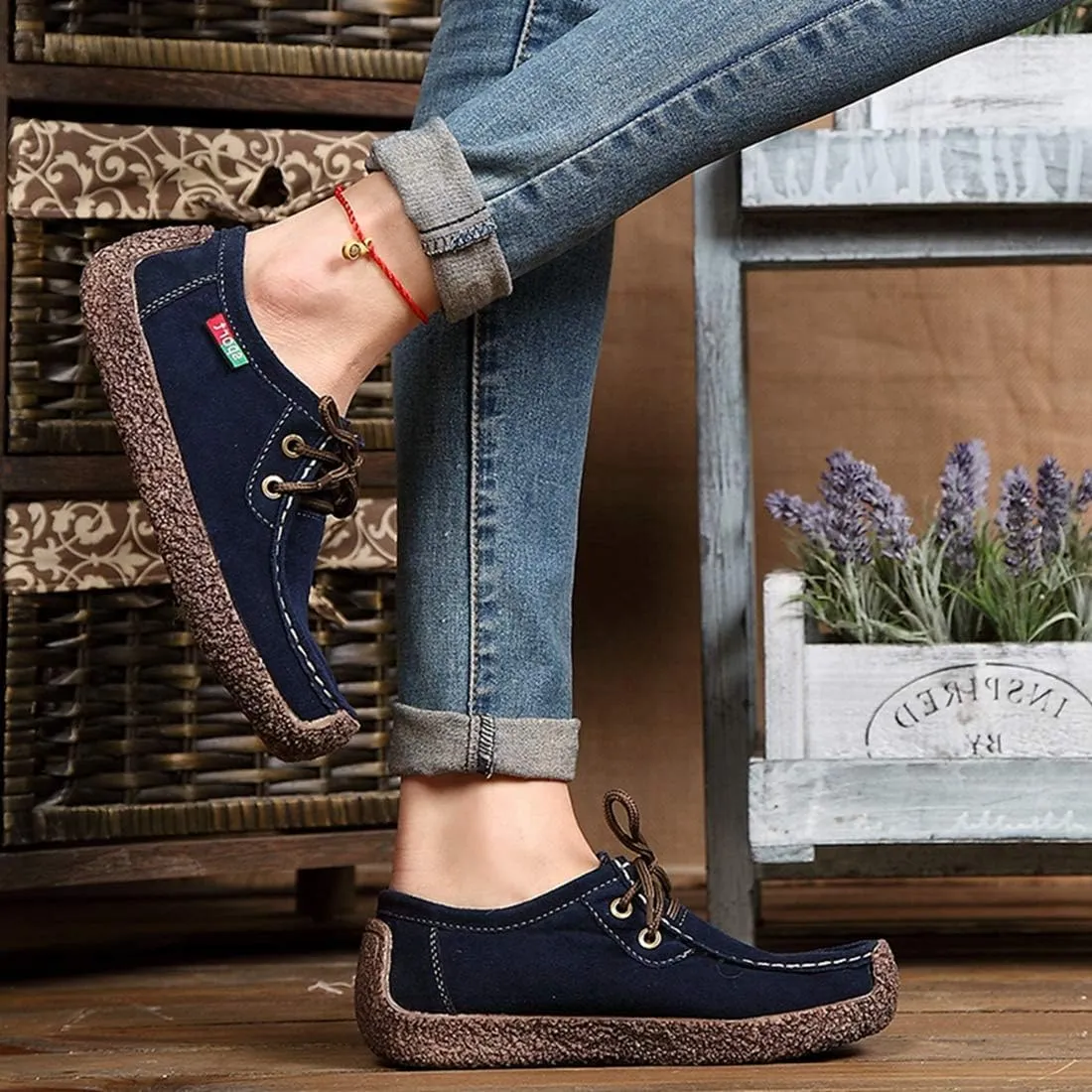 VOKLIN Women's Casual Driving Loafers Moccasins Lace Up Breathable Comfortable Flat Driver Oxfords Shoes