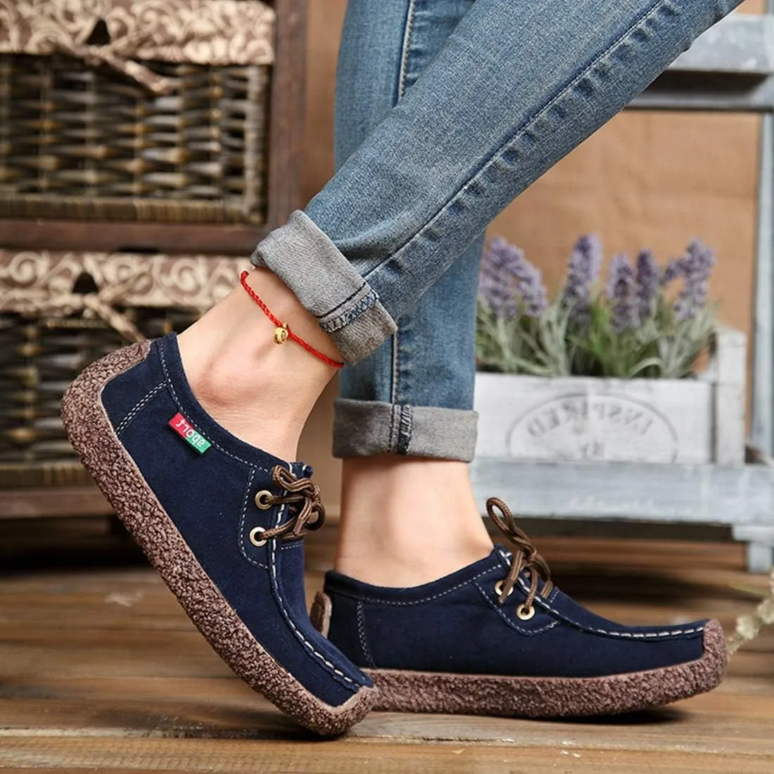 VOKLIN Women's Casual Driving Loafers Moccasins Lace Up Breathable Comfortable Flat Driver Oxfords Shoes