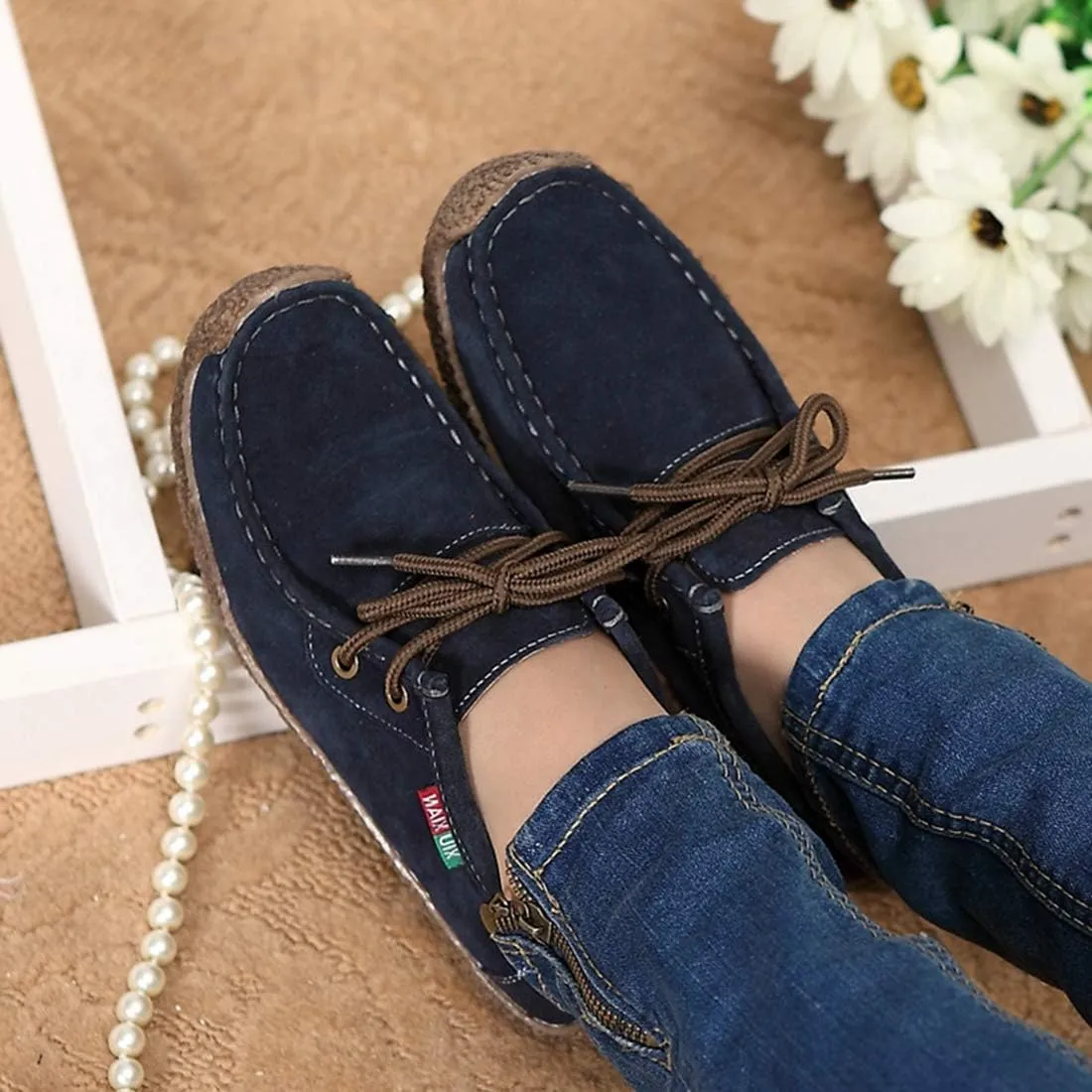 VOKLIN Women's Casual Driving Loafers Moccasins Lace Up Breathable Comfortable Flat Driver Oxfords Shoes