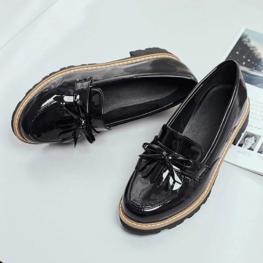 VOKLIN Women's Classic Tassels Flat Oxford Shoes Patent Leather Slip On Low Heel Bowtie School Penny Loafers