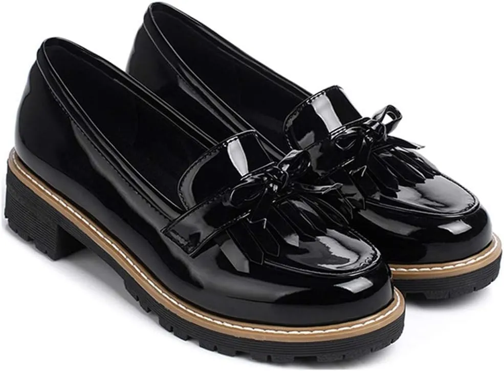 VOKLIN Women's Classic Tassels Flat Oxford Shoes Patent Leather Slip On Low Heel Bowtie School Penny Loafers