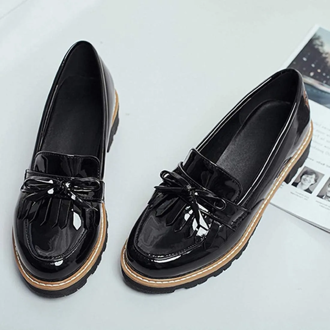 VOKLIN Women's Classic Tassels Flat Oxford Shoes Patent Leather Slip On Low Heel Bowtie School Penny Loafers