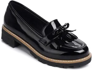 VOKLIN Women's Classic Tassels Flat Oxford Shoes Patent Leather Slip On Low Heel Bowtie School Penny Loafers
