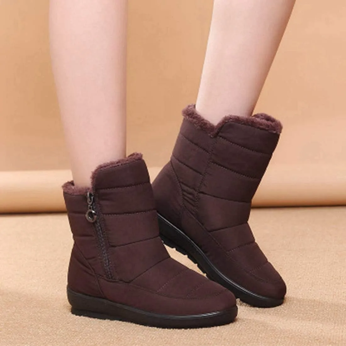VOKLIN Women's Waterproof Rain Snow Ankle Boots Winter Warm Fur Zipper Anti-slip Outdoor Snow Short Booties