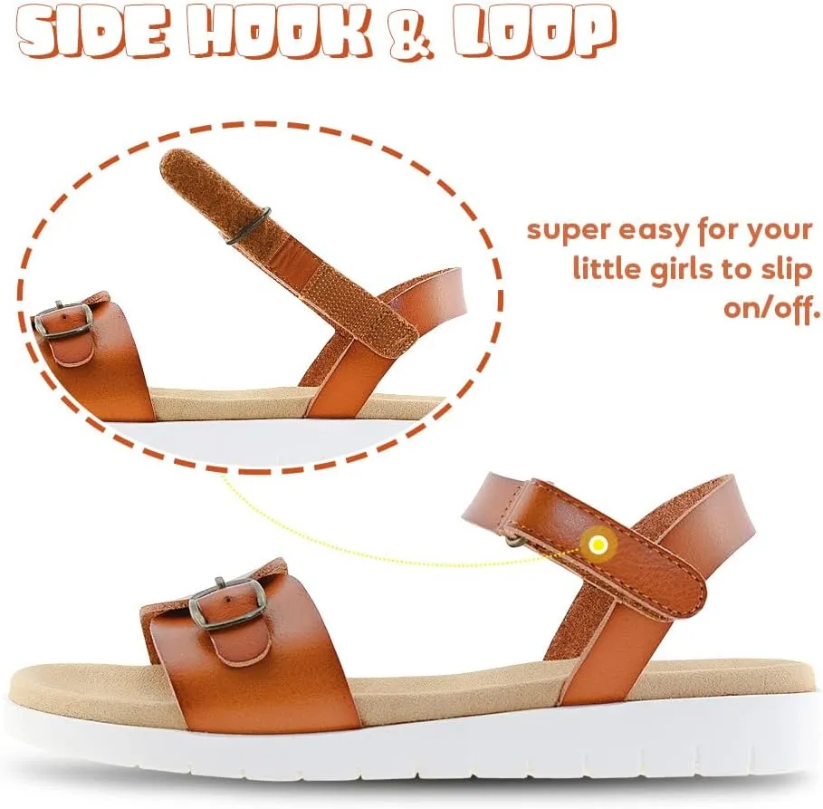Vonair Girls Sandals Strappy Cute Flats Dress Sandals for Girls Kids Summer Shoes Open Toe with Hook Loop