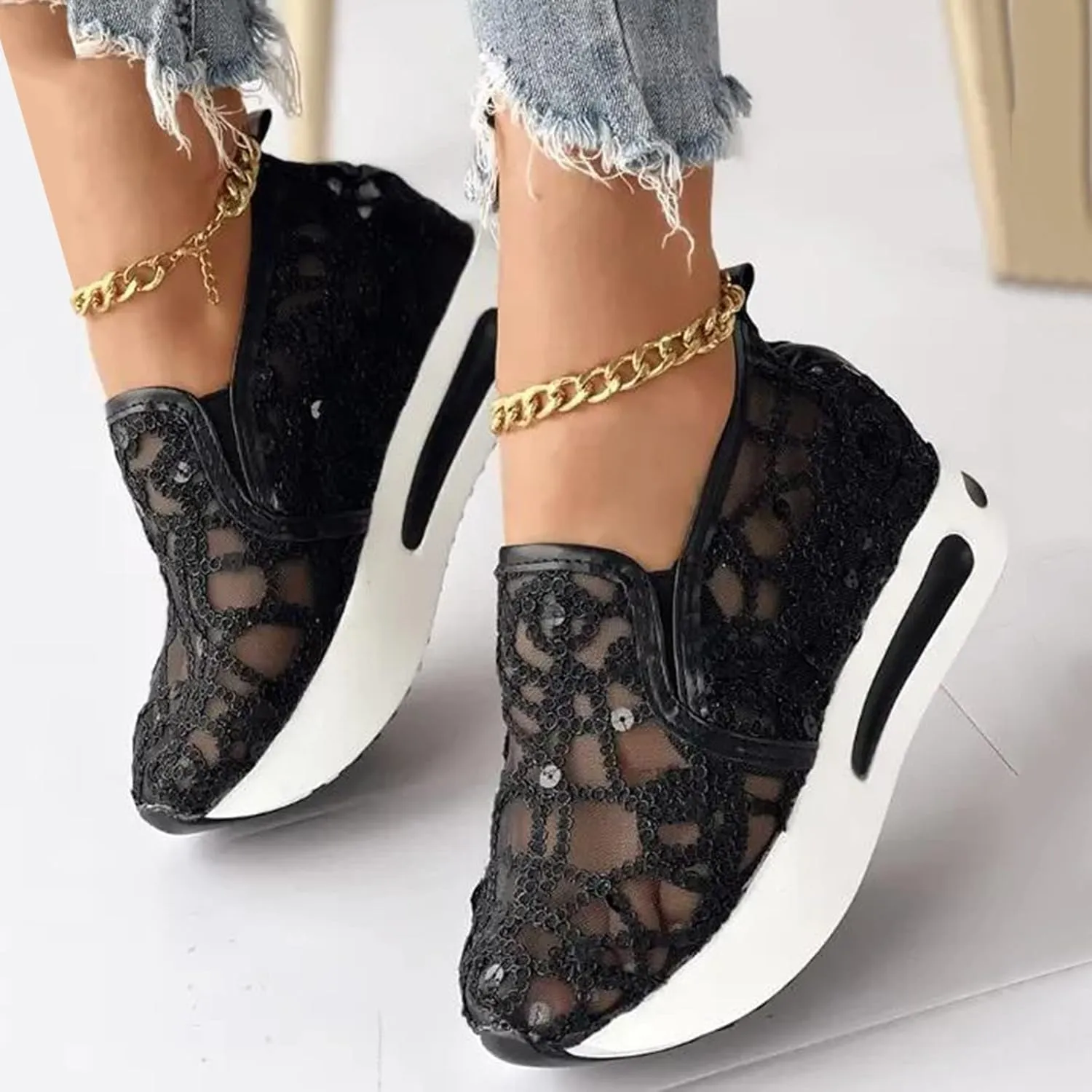 Walking Shoes Women Slip On Breathable Mesh Platform Wedge Comfortable Flower Embroidered Air Casual Sneakers