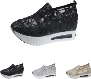 Walking Shoes Women Slip On Breathable Mesh Platform Wedge Comfortable Flower Embroidered Air Casual Sneakers