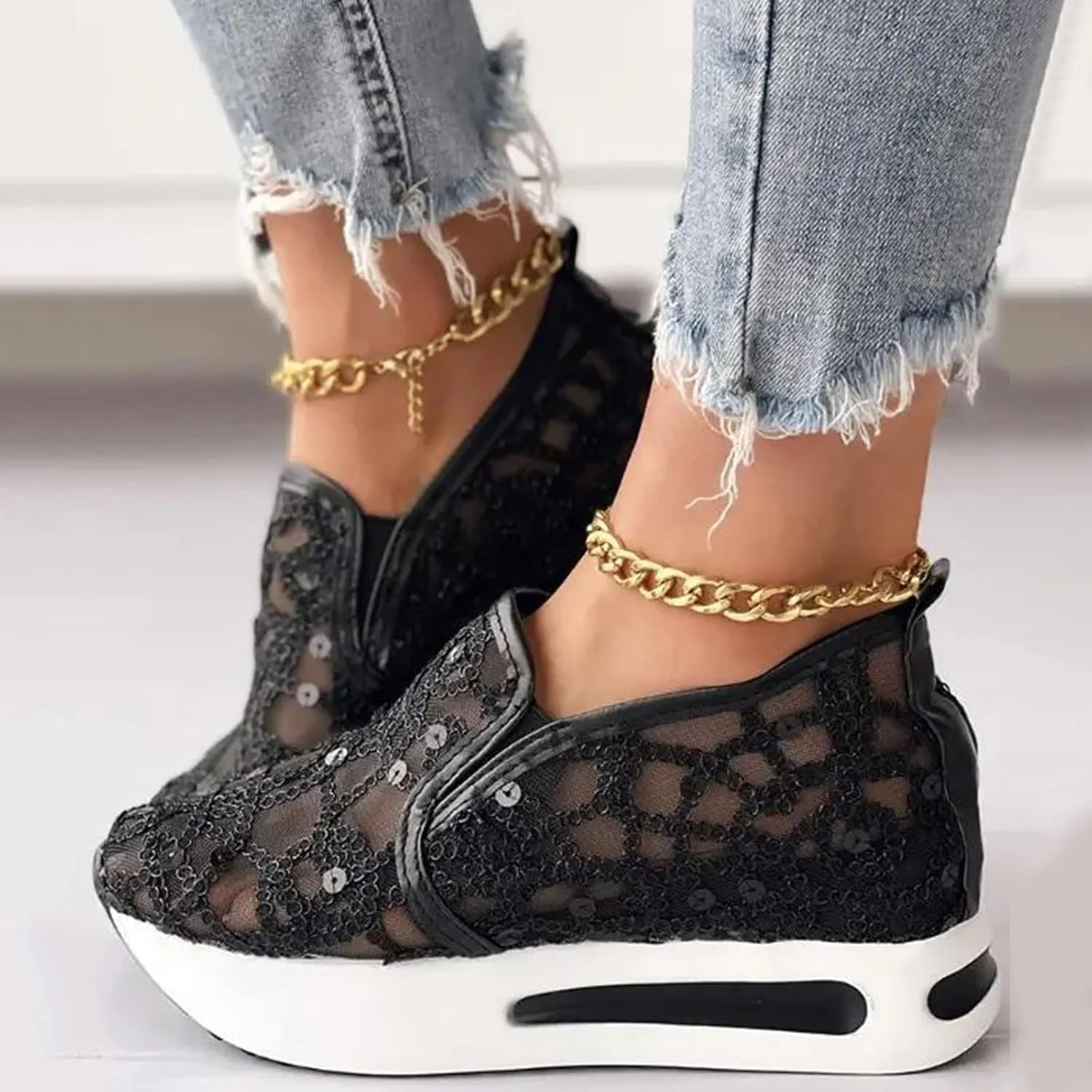 Walking Shoes Women Slip On Breathable Mesh Platform Wedge Comfortable Flower Embroidered Air Casual Sneakers