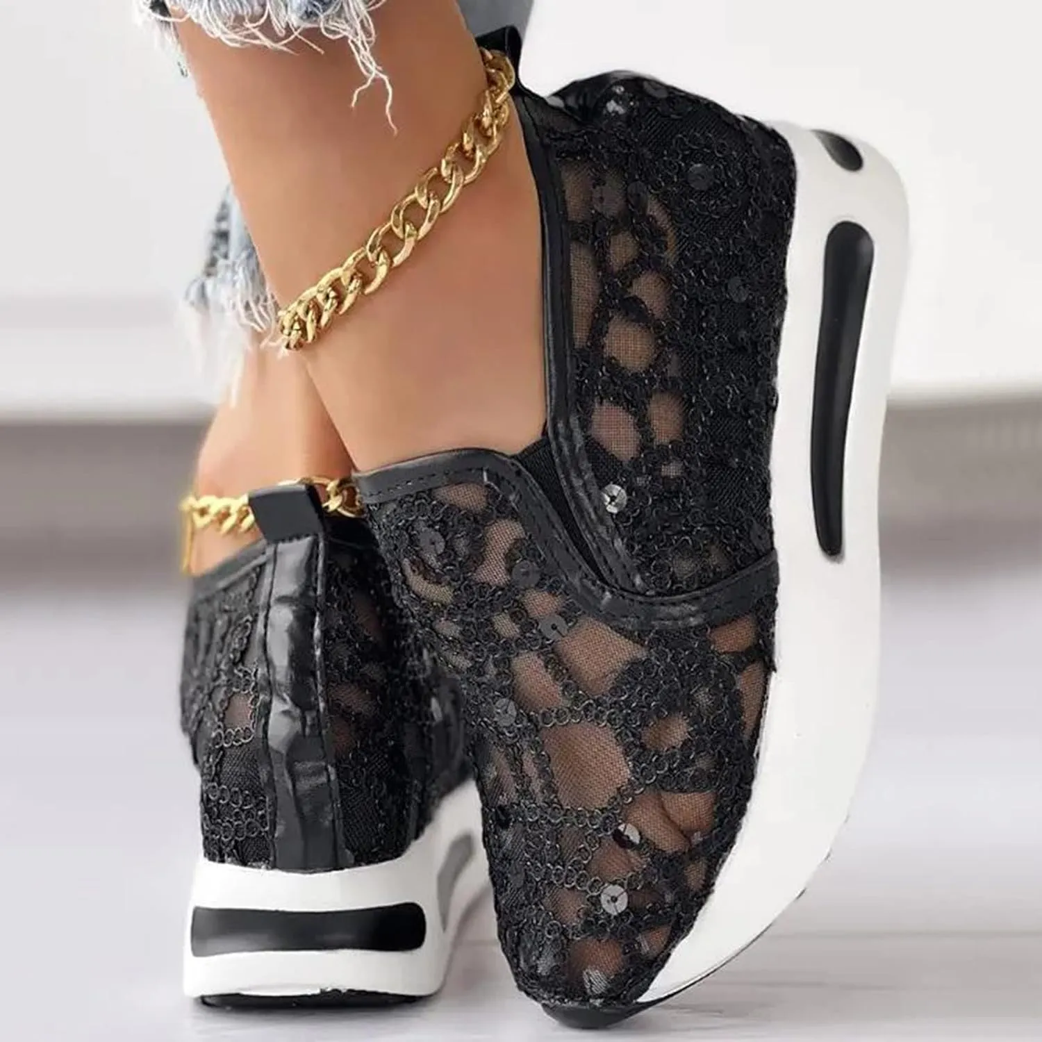 Walking Shoes Women Slip On Breathable Mesh Platform Wedge Comfortable Flower Embroidered Air Casual Sneakers