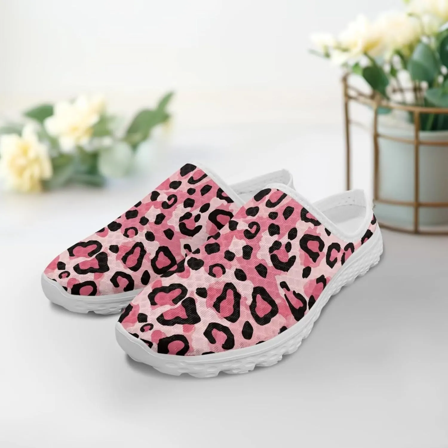 Water Shoes Mules for Women Mesh Shoes Womens Leopard Flats Barefoot Garden Footwear Lightweight Closed Toe Slides