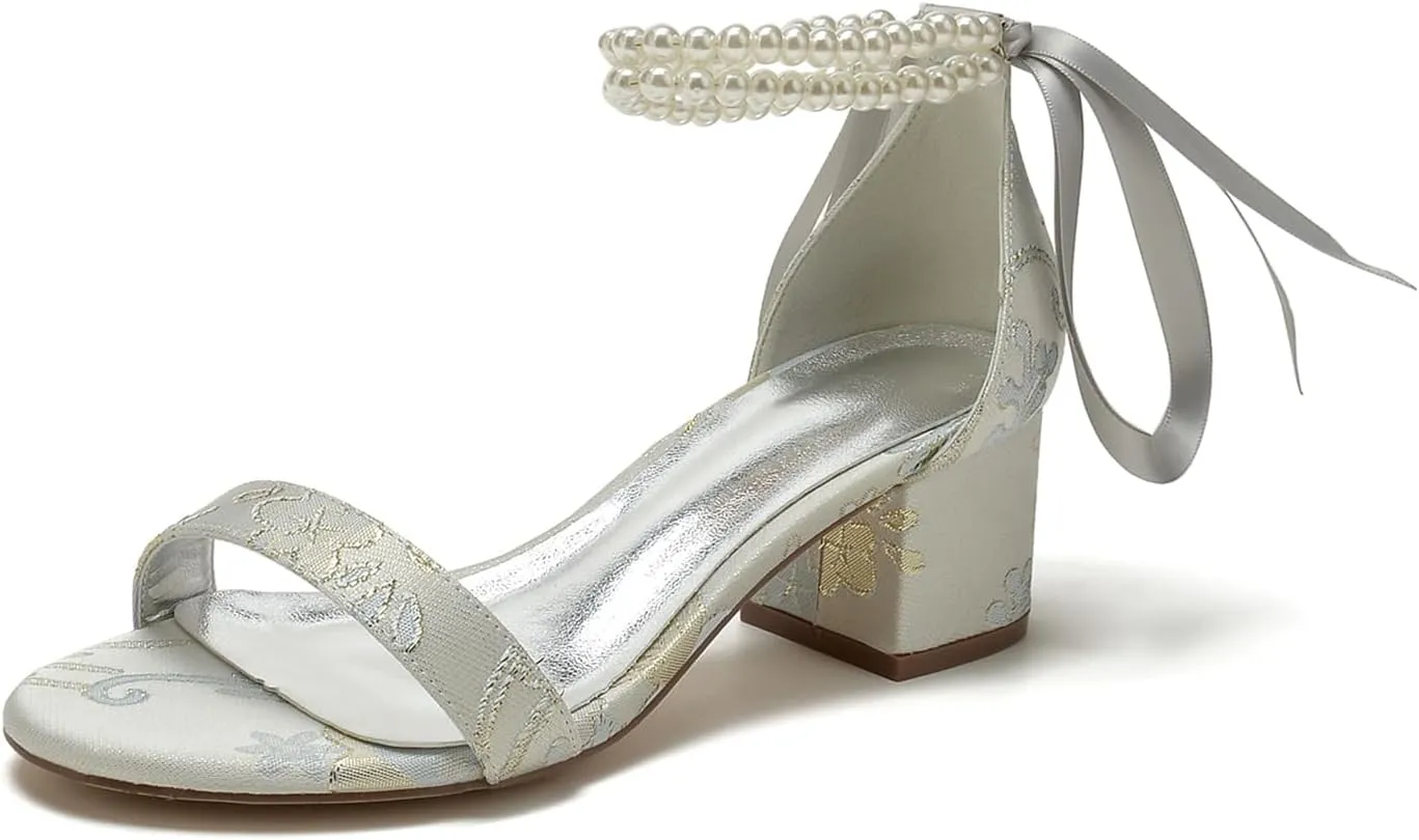 Wedding Shoes for Womens Bridal High Heels Open Toe Block Heel Pumps Closed Toe Bride Shoes Pumps Pearl Bowknot Strap Sandals Floral Fabric