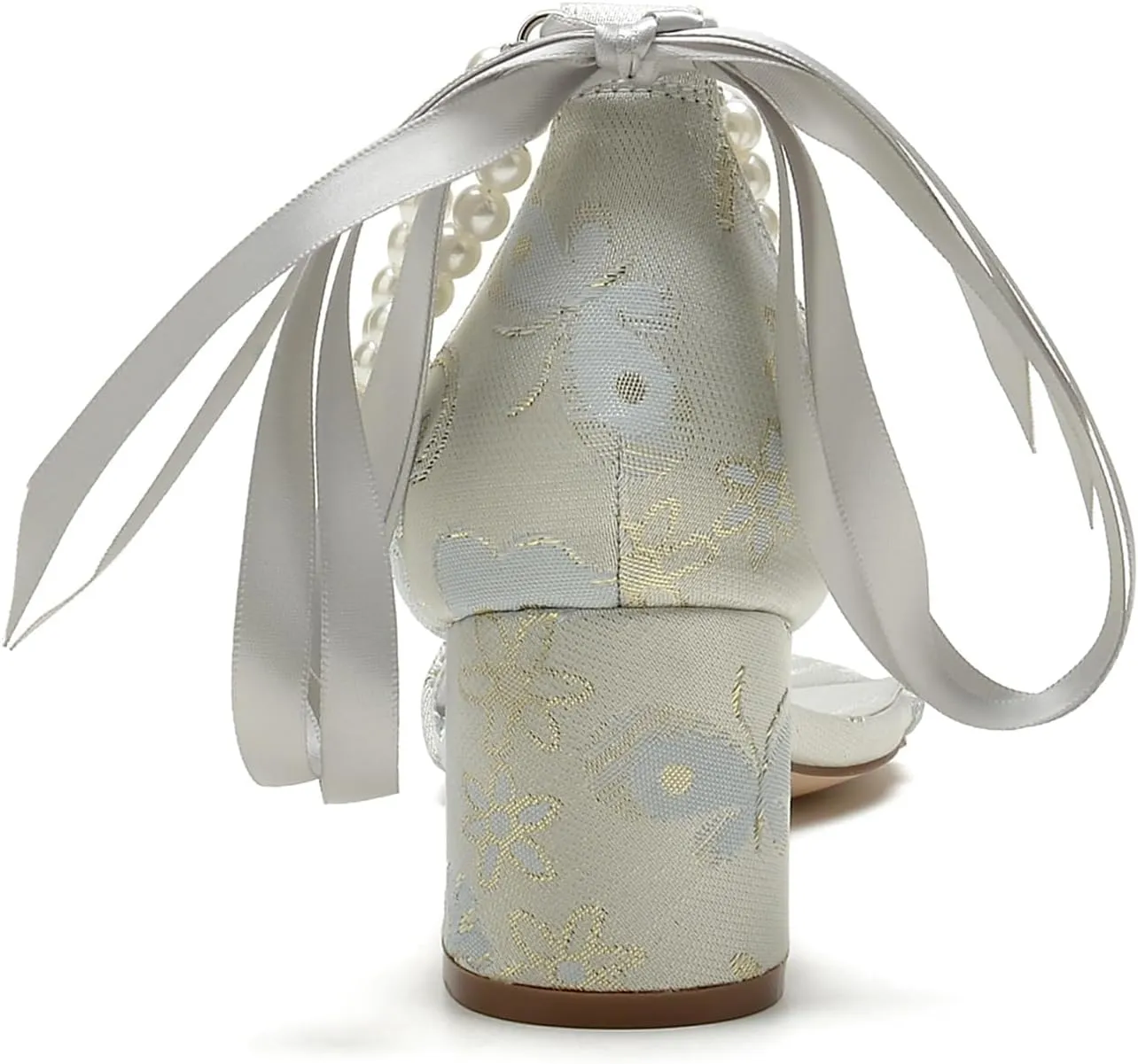 Wedding Shoes for Womens Bridal High Heels Open Toe Block Heel Pumps Closed Toe Bride Shoes Pumps Pearl Bowknot Strap Sandals Floral Fabric