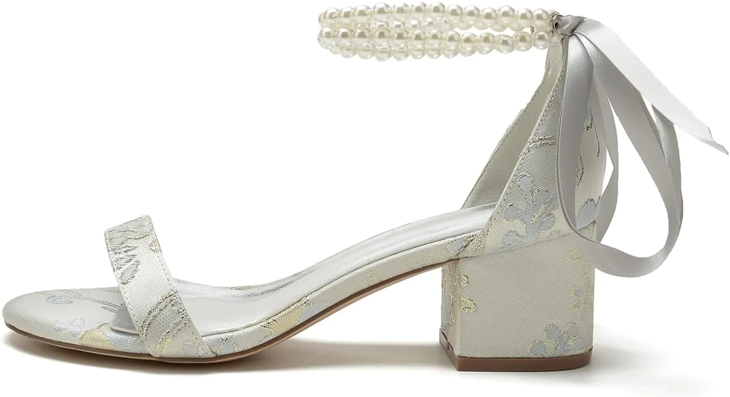 Wedding Shoes for Womens Bridal High Heels Open Toe Block Heel Pumps Closed Toe Bride Shoes Pumps Pearl Bowknot Strap Sandals Floral Fabric