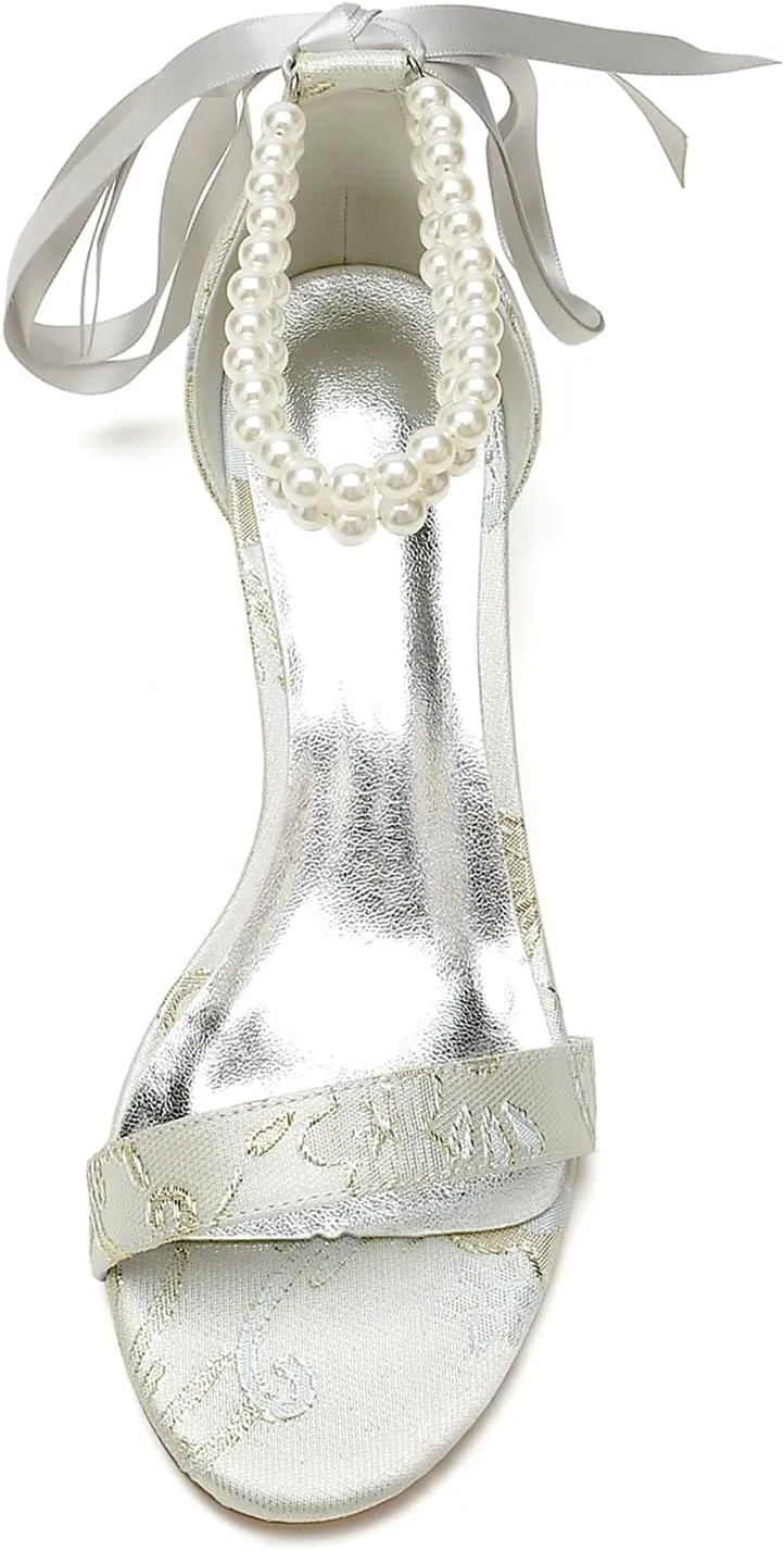 Wedding Shoes for Womens Bridal High Heels Open Toe Block Heel Pumps Closed Toe Bride Shoes Pumps Pearl Bowknot Strap Sandals Floral Fabric