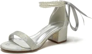 Wedding Shoes for Womens Bridal High Heels Open Toe Block Heel Pumps Closed Toe Bride Shoes Pumps Pearl Bowknot Strap Sandals Floral Fabric