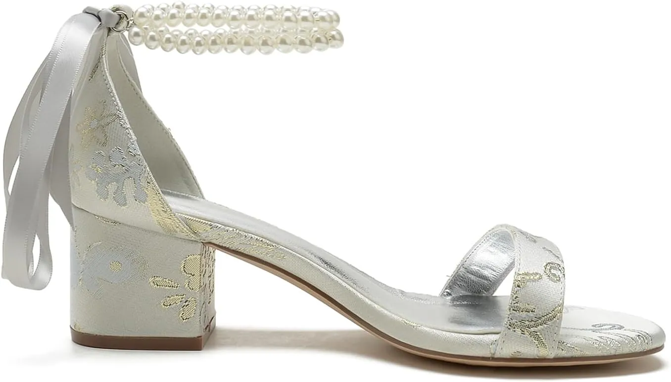 Wedding Shoes for Womens Bridal High Heels Open Toe Block Heel Pumps Closed Toe Bride Shoes Pumps Pearl Bowknot Strap Sandals Floral Fabric