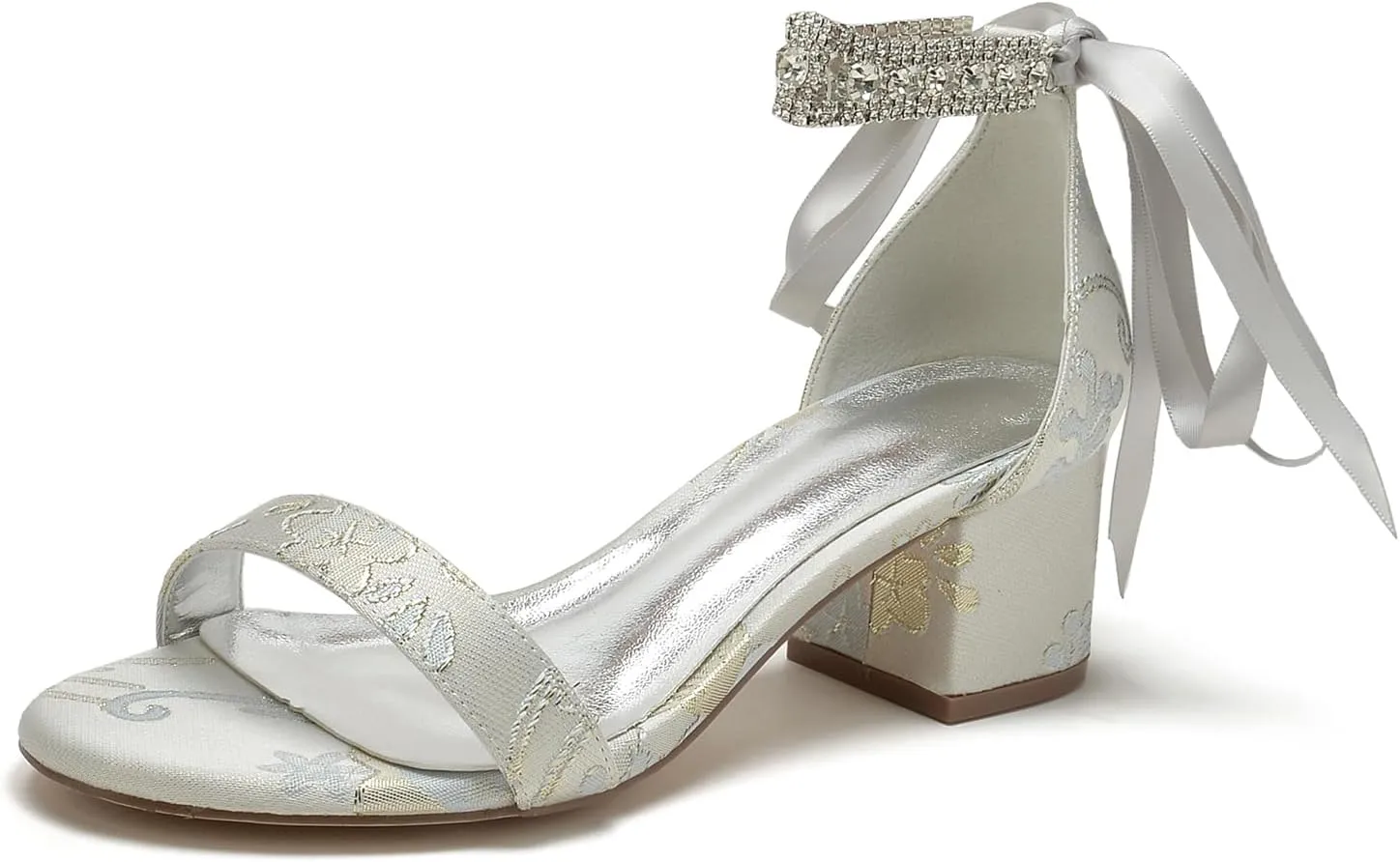 Wedding Shoes for Womens Closed Toe Floral Fabric Pumps Bridal High Heels Open Toe Block Heel Bride Sandals Pearl Bowknot Strap Elegant