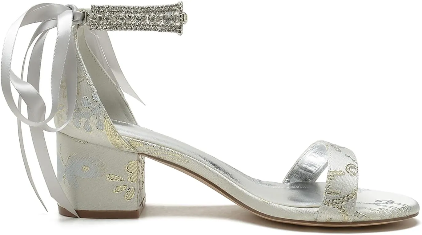 Wedding Shoes for Womens Closed Toe Floral Fabric Pumps Bridal High Heels Open Toe Block Heel Bride Sandals Pearl Bowknot Strap Elegant