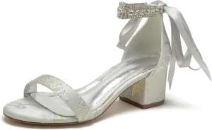 Wedding Shoes for Womens Closed Toe Floral Fabric Pumps Bridal High Heels Open Toe Block Heel Bride Sandals Pearl Bowknot Strap Elegant