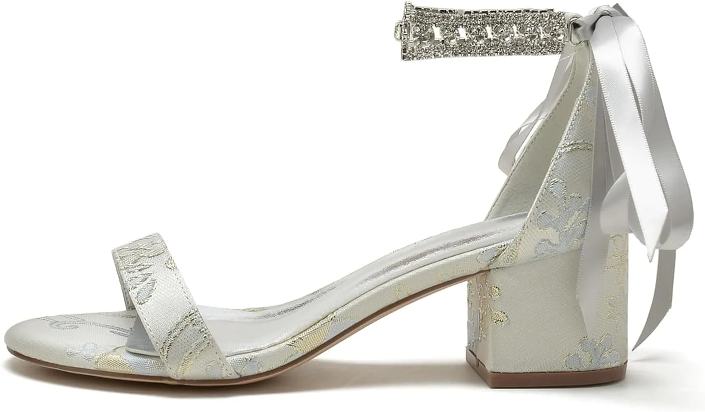 Wedding Shoes for Womens Closed Toe Floral Fabric Pumps Bridal High Heels Open Toe Block Heel Bride Sandals Pearl Bowknot Strap Elegant