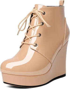 Wedge Ankle Boots Women's Platform Short Bootie Round Toe Lace up Wedge Heels Boots 4 Inch Warm Dress Boots for Party Evening Shoes