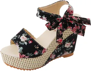 Wedge Heel Sandals Open toe Floral Strappy Flower Wedge Sandals for Women Dressy Summer Sandals Wedges for Women