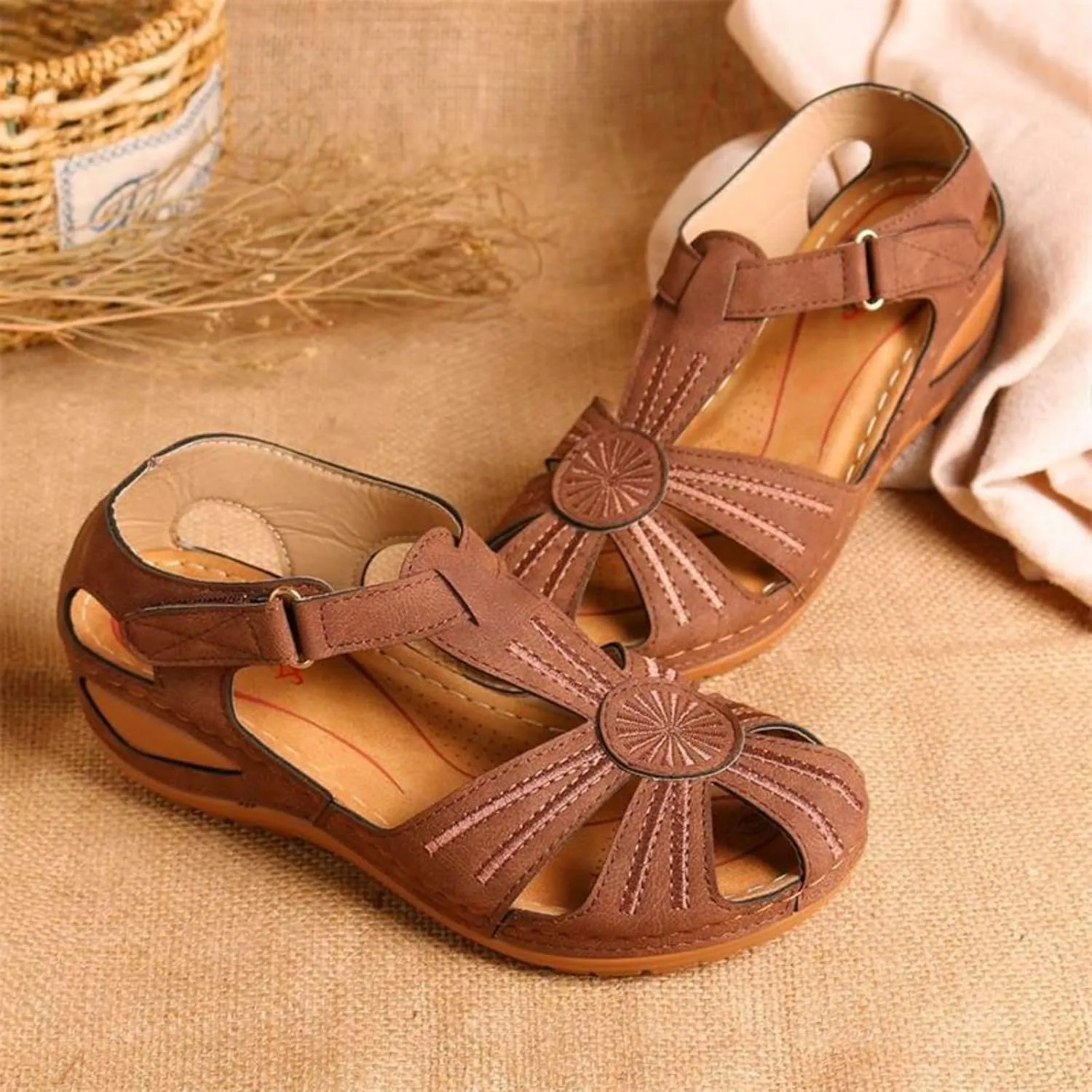Wedge Sandals for Women Closed Toe Comfortable Dressy Shoes Summer Platform Summer Beach Bohemia Ankle Strap Causal Ladies Wedges Casual Hollow Out Orthopedic Comfy Gladiator Slip On Sandal