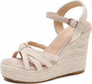 Wedge Sandals for Women with Woven Raffia Upper, High Heel Espadrille Platform Sandals with Braided Knot Ankle Strap Sandals