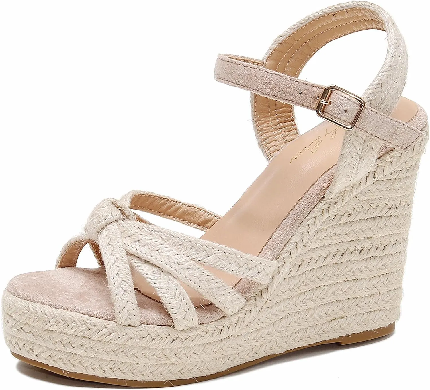 Wedge Sandals for Women with Woven Raffia Upper, High Heel Espadrille Platform Sandals with Braided Knot Ankle Strap Sandals