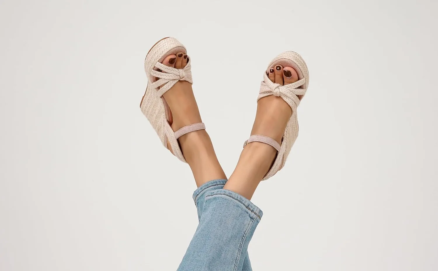 Wedge Sandals for Women with Woven Raffia Upper, High Heel Espadrille Platform Sandals with Braided Knot Ankle Strap Sandals