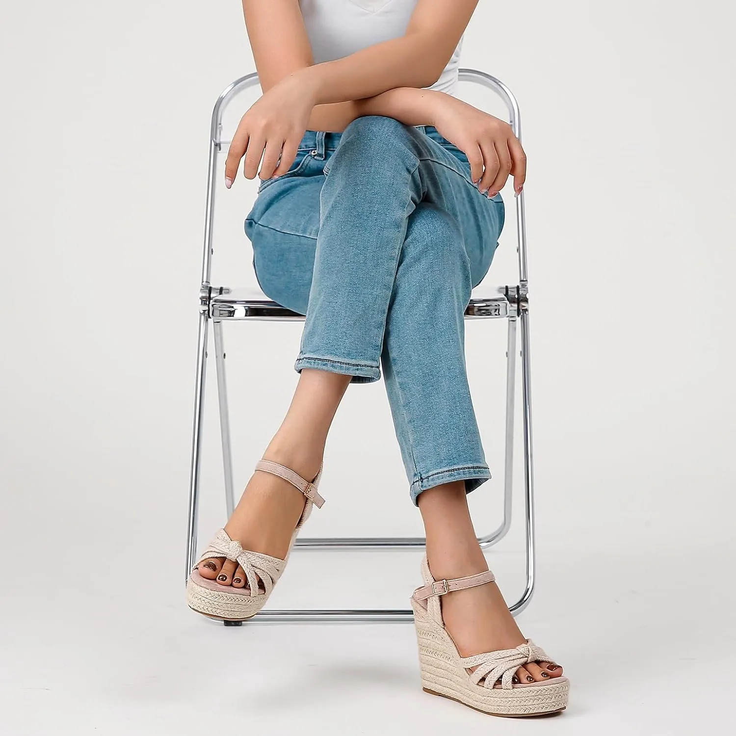 Wedge Sandals for Women with Woven Raffia Upper, High Heel Espadrille Platform Sandals with Braided Knot Ankle Strap Sandals
