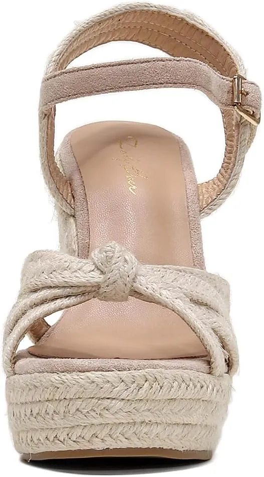 Wedge Sandals for Women with Woven Raffia Upper, High Heel Espadrille Platform Sandals with Braided Knot Ankle Strap Sandals