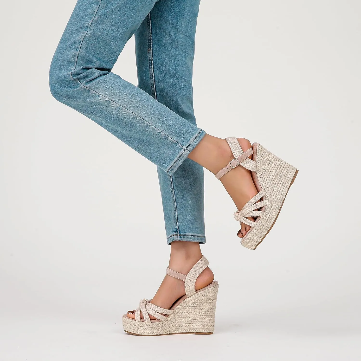 Wedge Sandals for Women with Woven Raffia Upper, High Heel Espadrille Platform Sandals with Braided Knot Ankle Strap Sandals