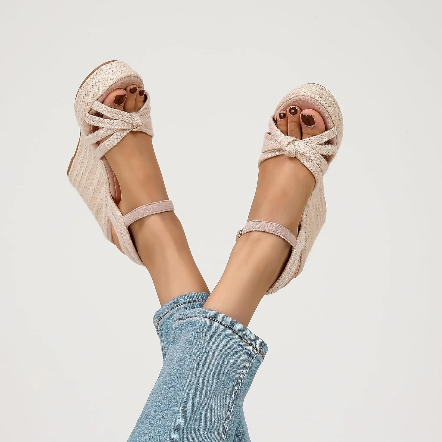 Wedge Sandals for Women with Woven Raffia Upper, High Heel Espadrille Platform Sandals with Braided Knot Ankle Strap Sandals