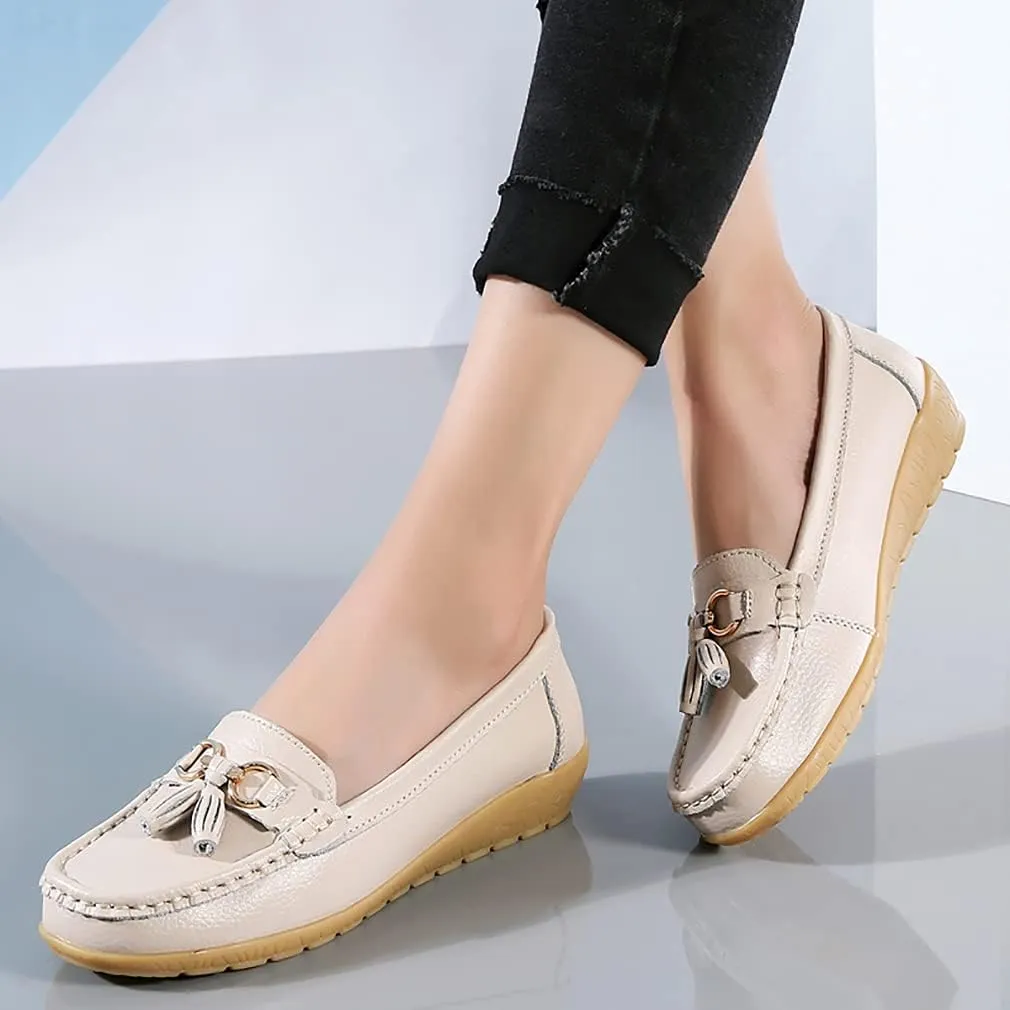 WERWAES Ladies Casual Round Head Moccasin Shoes Comfortable Leather Breathable Loafers Walking Nurse Driving Fashion Soft Shoes Work Shoes