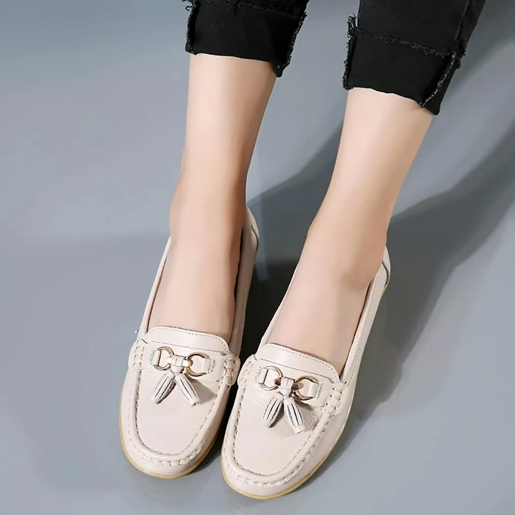 WERWAES Ladies Casual Round Head Moccasin Shoes Comfortable Leather Breathable Loafers Walking Nurse Driving Fashion Soft Shoes Work Shoes
