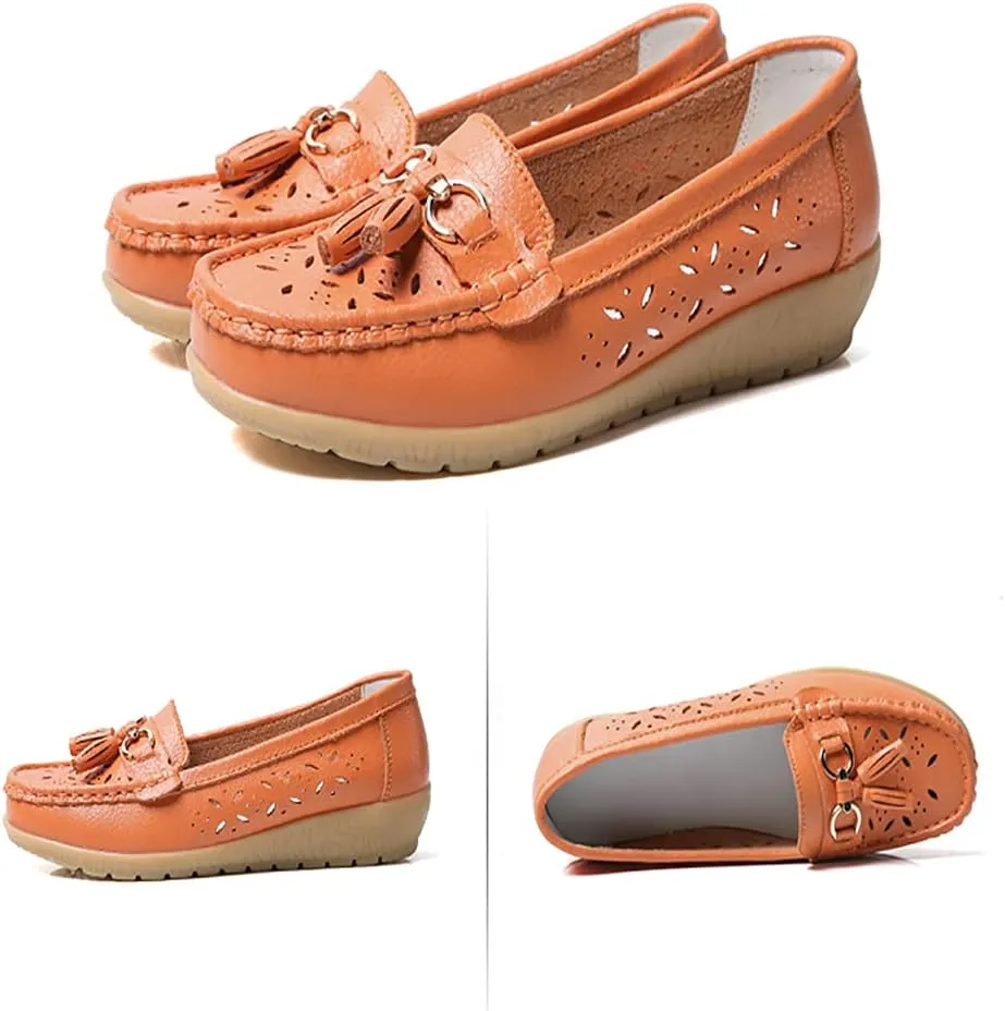WERWAES Ladies Casual Round Head Moccasin Shoes Comfortable Leather Breathable Loafers Walking Nurse Driving Fashion Soft Shoes Work Shoes