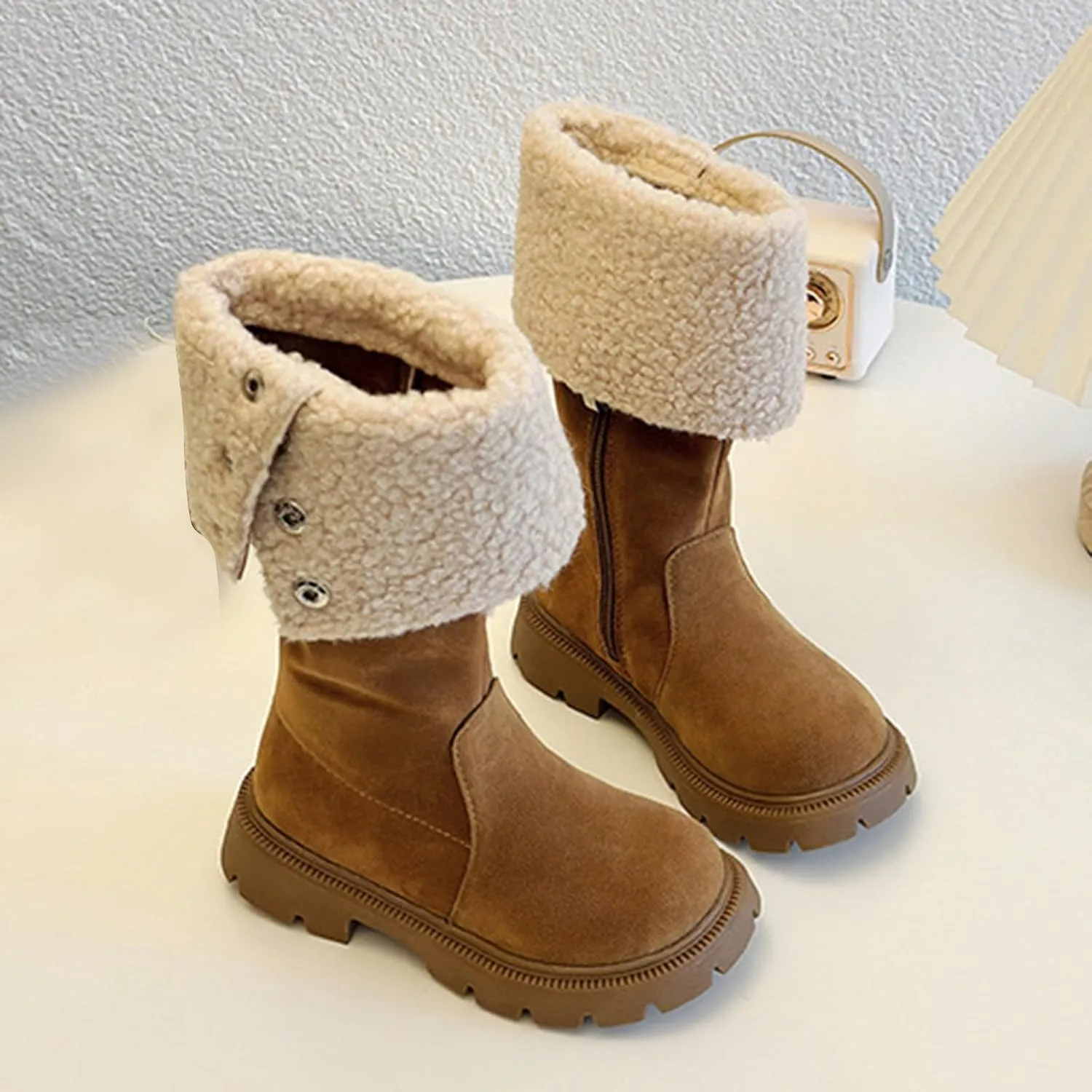 Western Cowboy Fuzzy Boots For Kids Soft Warm Outdoor Ski Snow Shoes Toddler Ankle Non Slip Fashion Comfy Booties