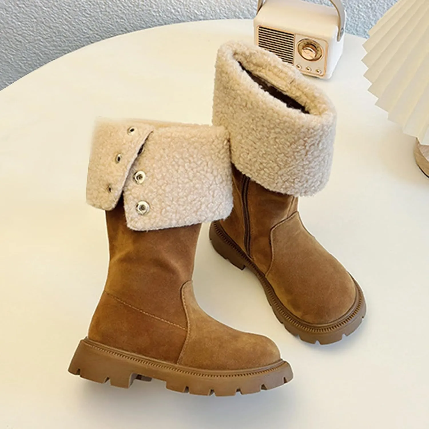 Western Cowboy Fuzzy Boots For Kids Soft Warm Outdoor Ski Snow Shoes Toddler Ankle Non Slip Fashion Comfy Booties