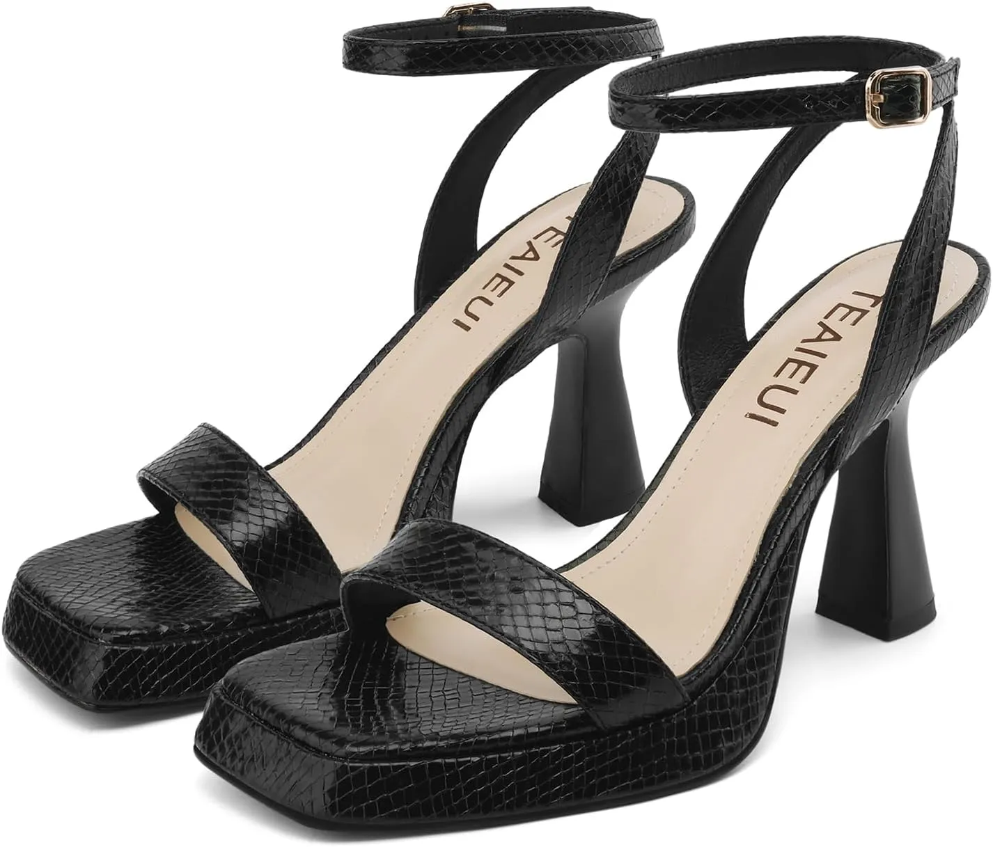 Wide Platform Heels for Women Strappy Heels Square Toe Sandals Metallic Snakeskin Chunky Flare Heels Ankle Strap Shoes, 6