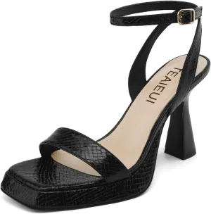 Wide Platform Heels for Women Strappy Heels Square Toe Sandals Metallic Snakeskin Chunky Flare Heels Ankle Strap Shoes, 6