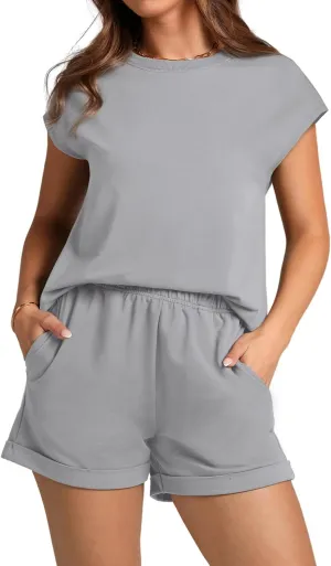 WIHOLL 2 Piece Sets for Women Casual Summer Travel Vacation Outfits Cap Sleeve Shorts Lounge Set