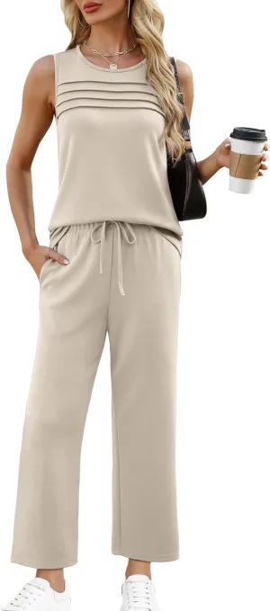 WIHOLL Two Piece Sets for Women Summer Outfits Matching Lounge Sets Wide Leg Crop Pants Vacation Travel